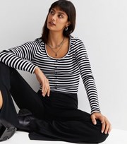 New Look White Stripe Scoop Neck Long Sleeve Button Front Top
